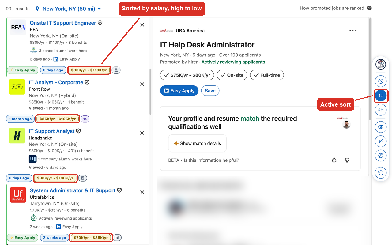 Loupa sorting LinkedIn results by salary
